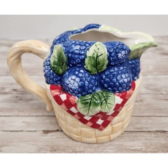 Fresh Berries Creamer Small Pitcher Harvest 4" Purple Red Tan Handle Spout - Picture 3 of 6